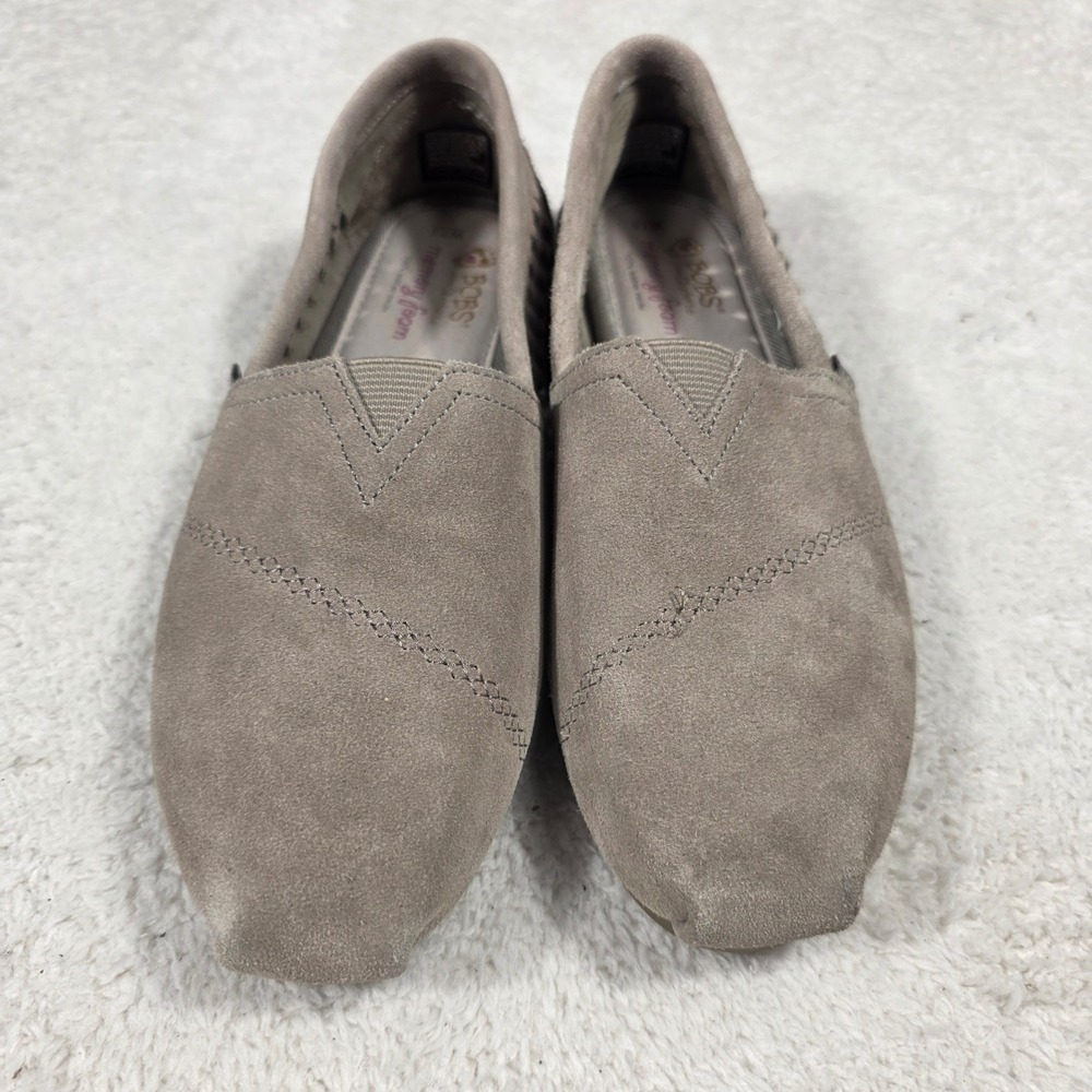 Skechers BOBS Suede Slip On Womens 7.5 Taupe Comfy Woven Memory Foam Flats 34305